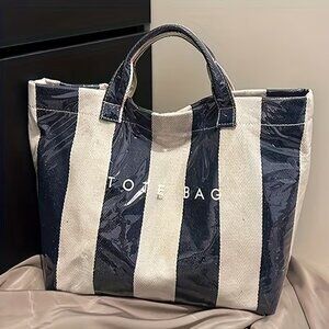 Women’s THE TOTE Handbag PVC -Blue & White Striped-